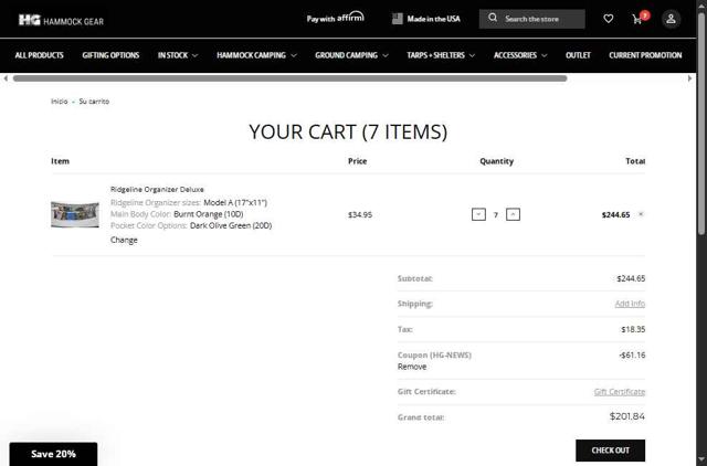 Hammock Gear checkout page showing Hammock Gear coupon code box | Screenshot taken by SimplyCodes community member on Jul 11, 2025
