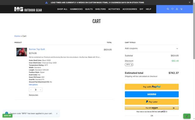 Hammock Gear checkout page showing Hammock Gear coupon code box | Screenshot taken by SimplyCodes community member on Sep 3, 2025