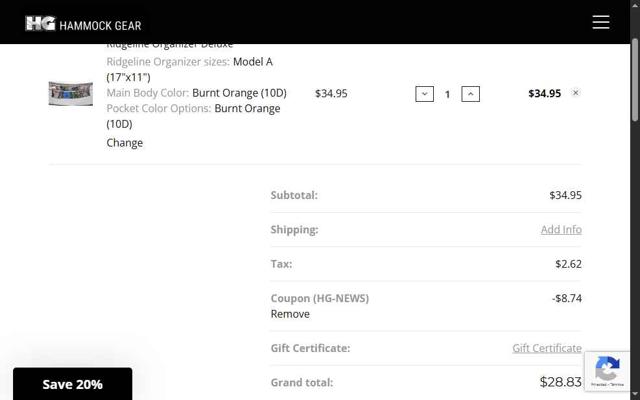 Hammock Gear checkout page showing Hammock Gear coupon code box | Screenshot taken by SimplyCodes community member on Aug 9, 2025