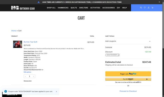 Hammock Gear checkout page showing Hammock Gear coupon code box | Screenshot taken by SimplyCodes community member on Aug 19, 2025