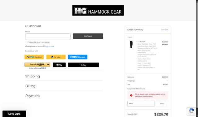 Hammock Gear checkout page showing Hammock Gear coupon code box | Screenshot taken by SimplyCodes community member on Aug 5, 2025