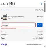 WELCOME coupon verification screenshot