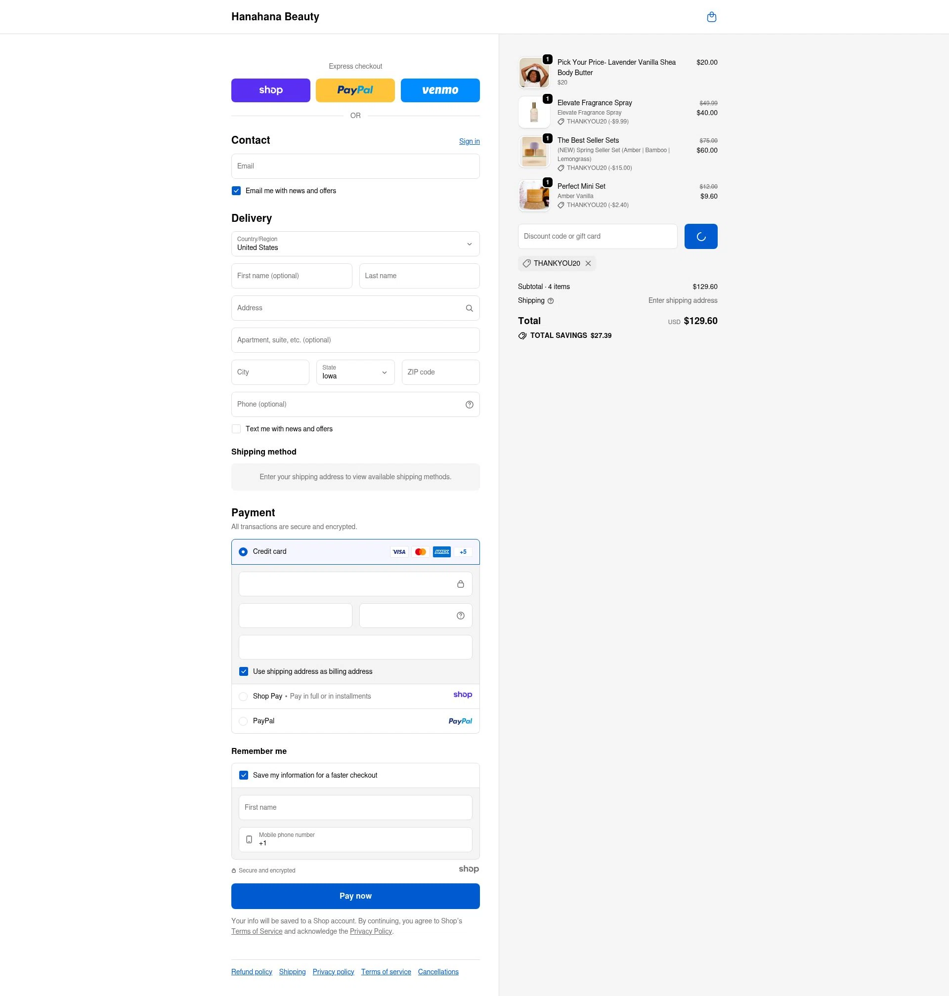 Hanahana Beauty checkout page showing Hanahana Beauty discount code box | Screenshot taken by SimplyCodes community member on Dec 27, 2025