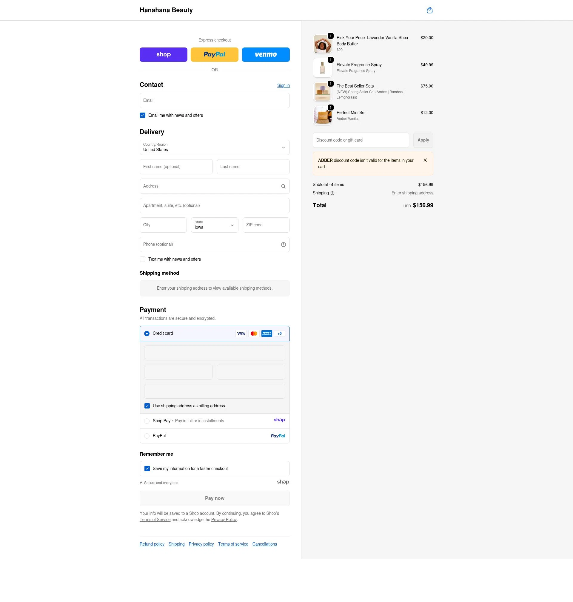 Hanahana Beauty checkout page showing Hanahana Beauty discount code box | Screenshot taken by SimplyCodes community member on Dec 27, 2025