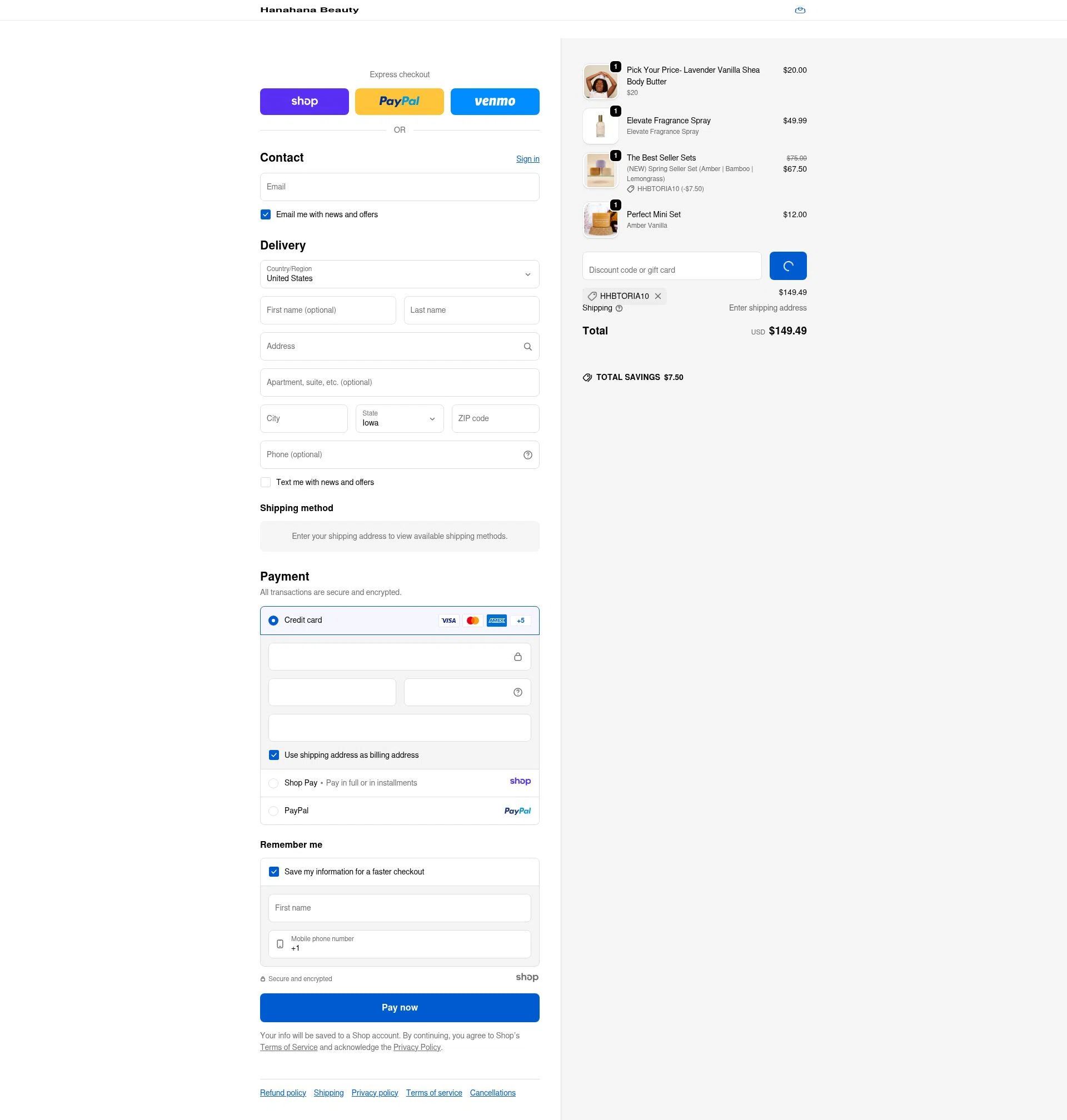 Hanahana Beauty checkout page showing Hanahana Beauty discount code box | Screenshot taken by SimplyCodes community member on Dec 27, 2025