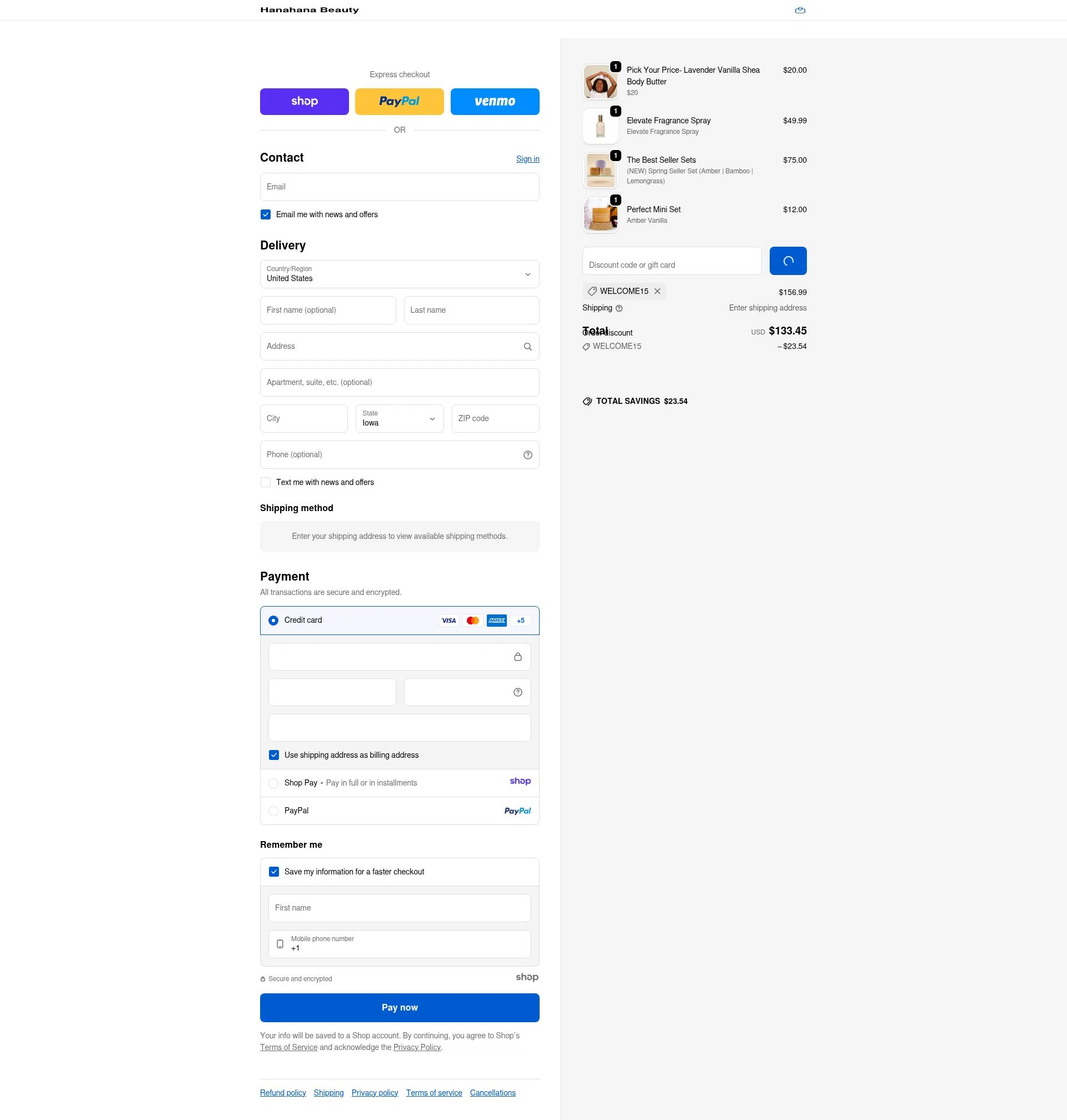 Hanahana Beauty checkout page showing Hanahana Beauty discount code box | Screenshot taken by SimplyCodes community member on Dec 27, 2025
