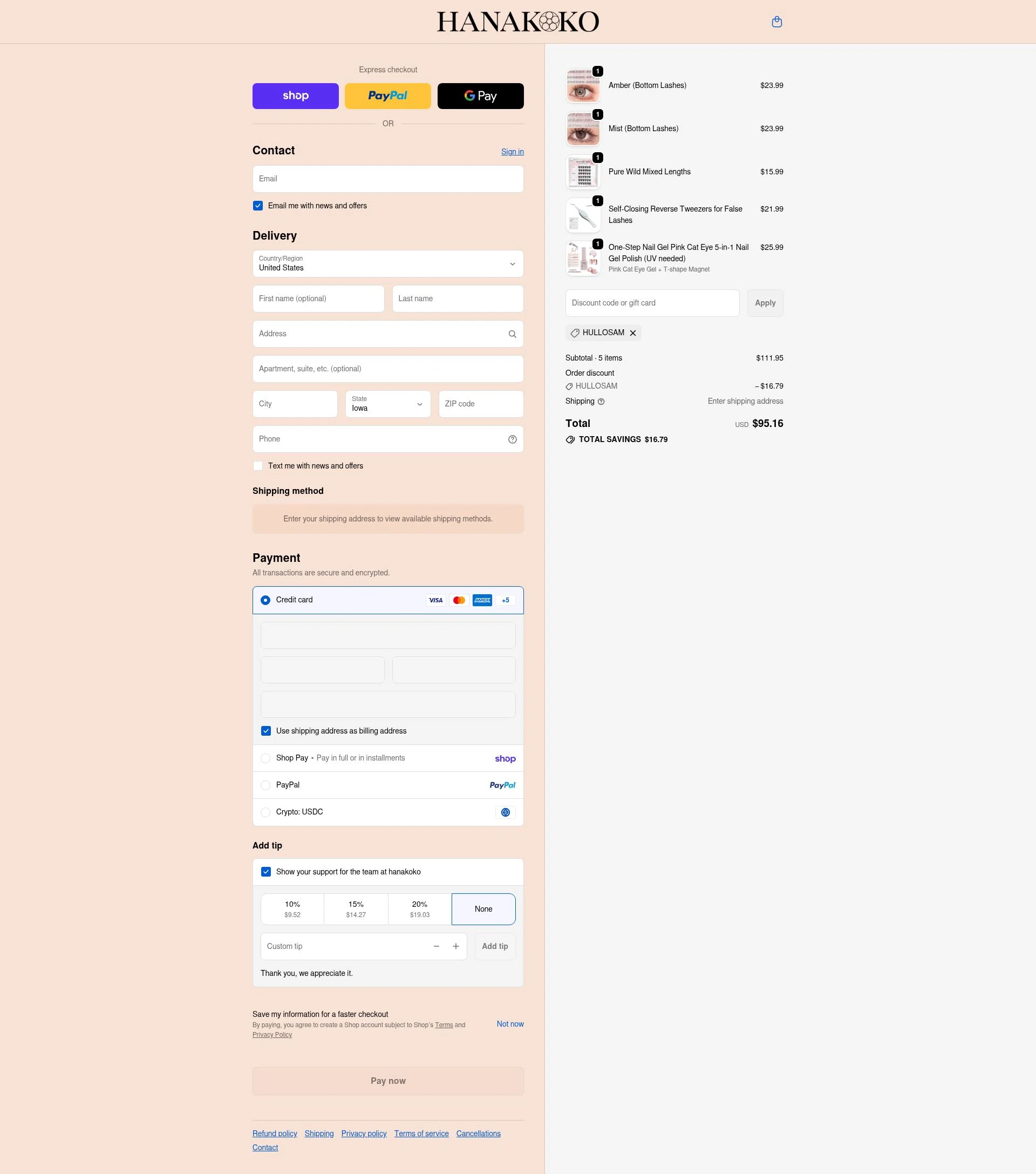 hanakoko checkout page showing hanakoko discount code box | Screenshot taken by SimplyCodes community member on Feb 19, 2026