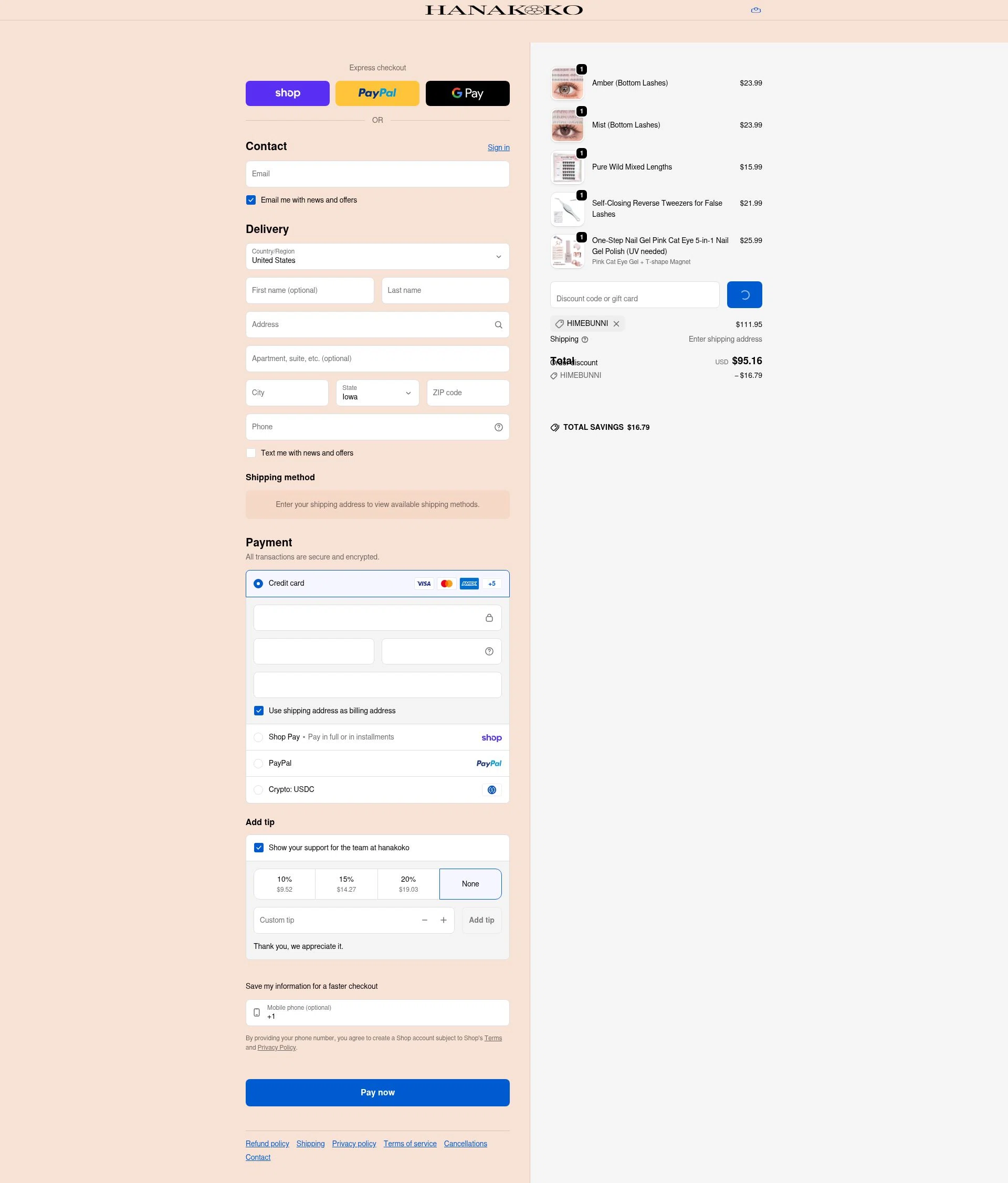 hanakoko checkout page showing hanakoko discount code box | Screenshot taken by SimplyCodes community member on Feb 19, 2026