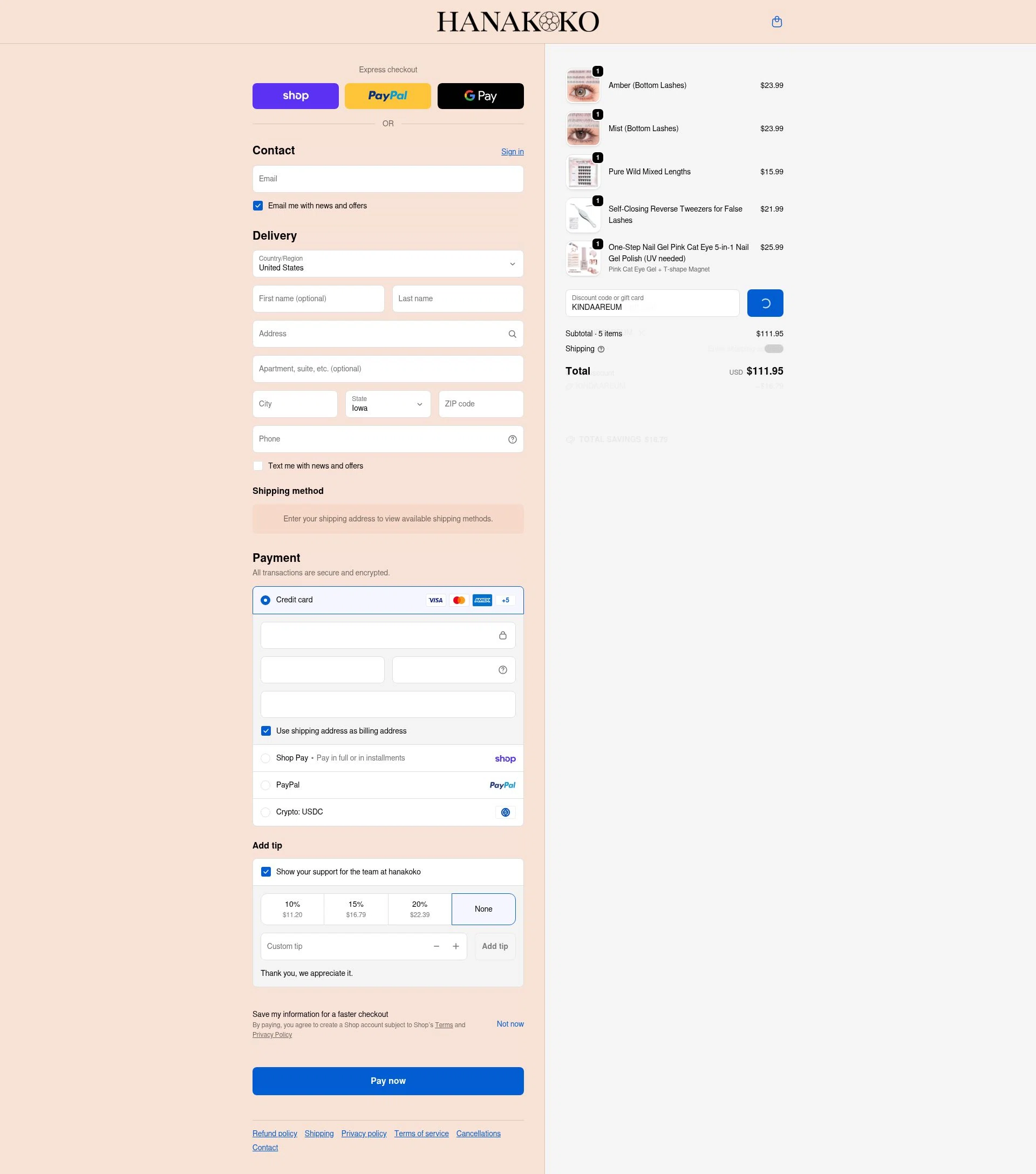 hanakoko checkout page showing hanakoko discount code box | Screenshot taken by SimplyCodes community member on Feb 19, 2026