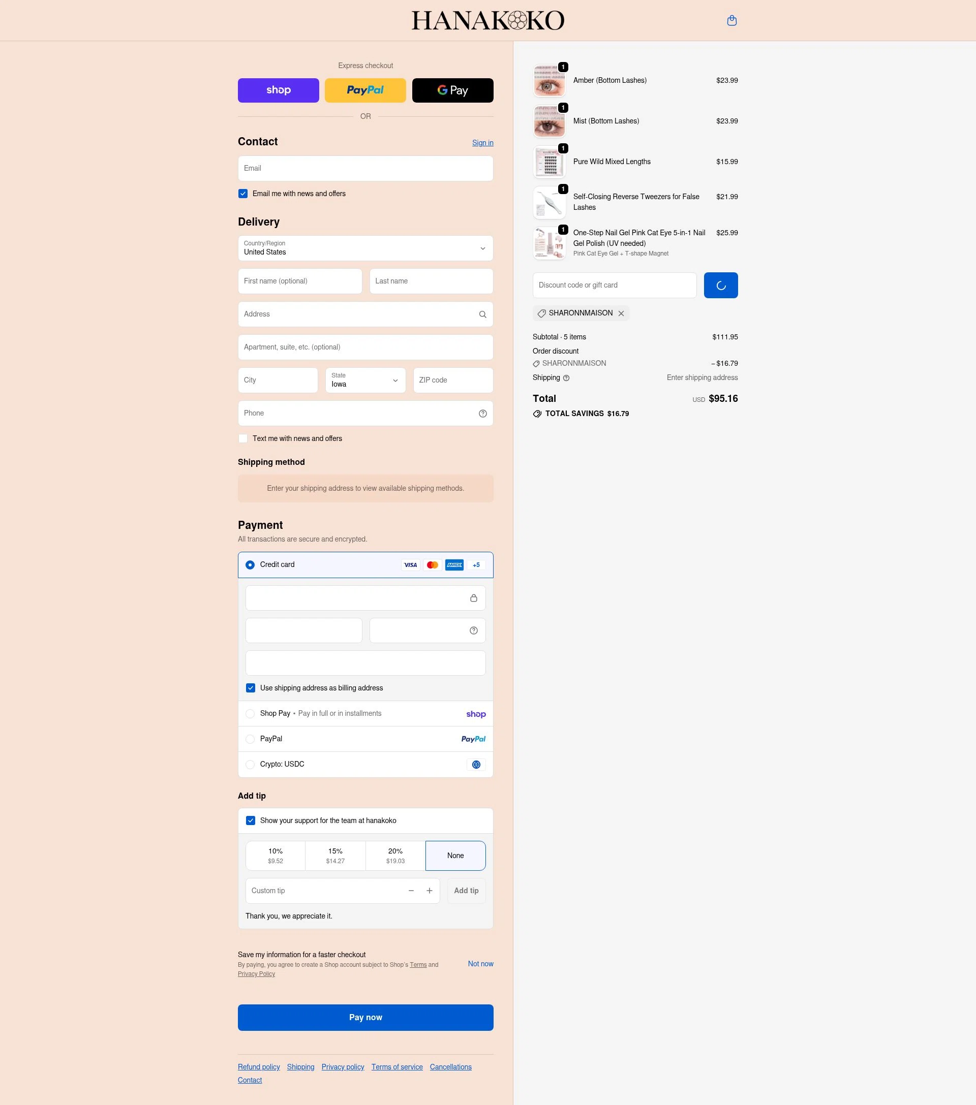 hanakoko checkout page showing hanakoko discount code box | Screenshot taken by SimplyCodes community member on Feb 19, 2026