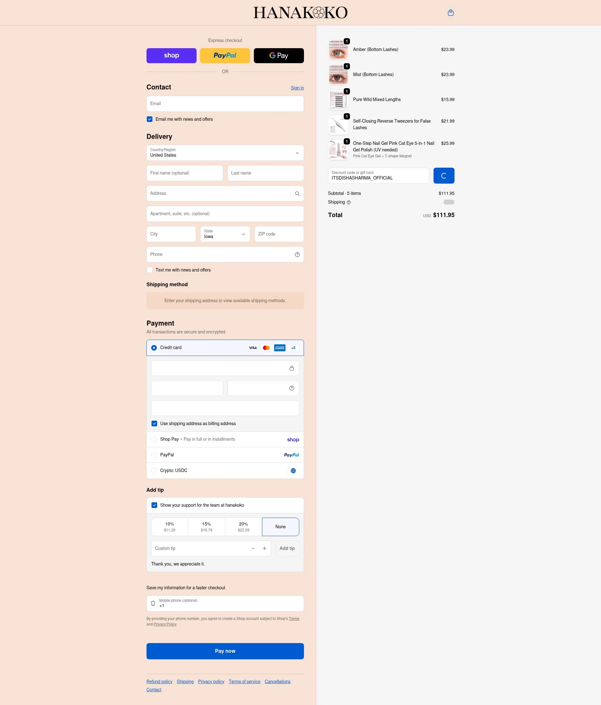 hanakoko checkout page showing hanakoko discount code box | Screenshot taken by SimplyCodes community member on Feb 19, 2026