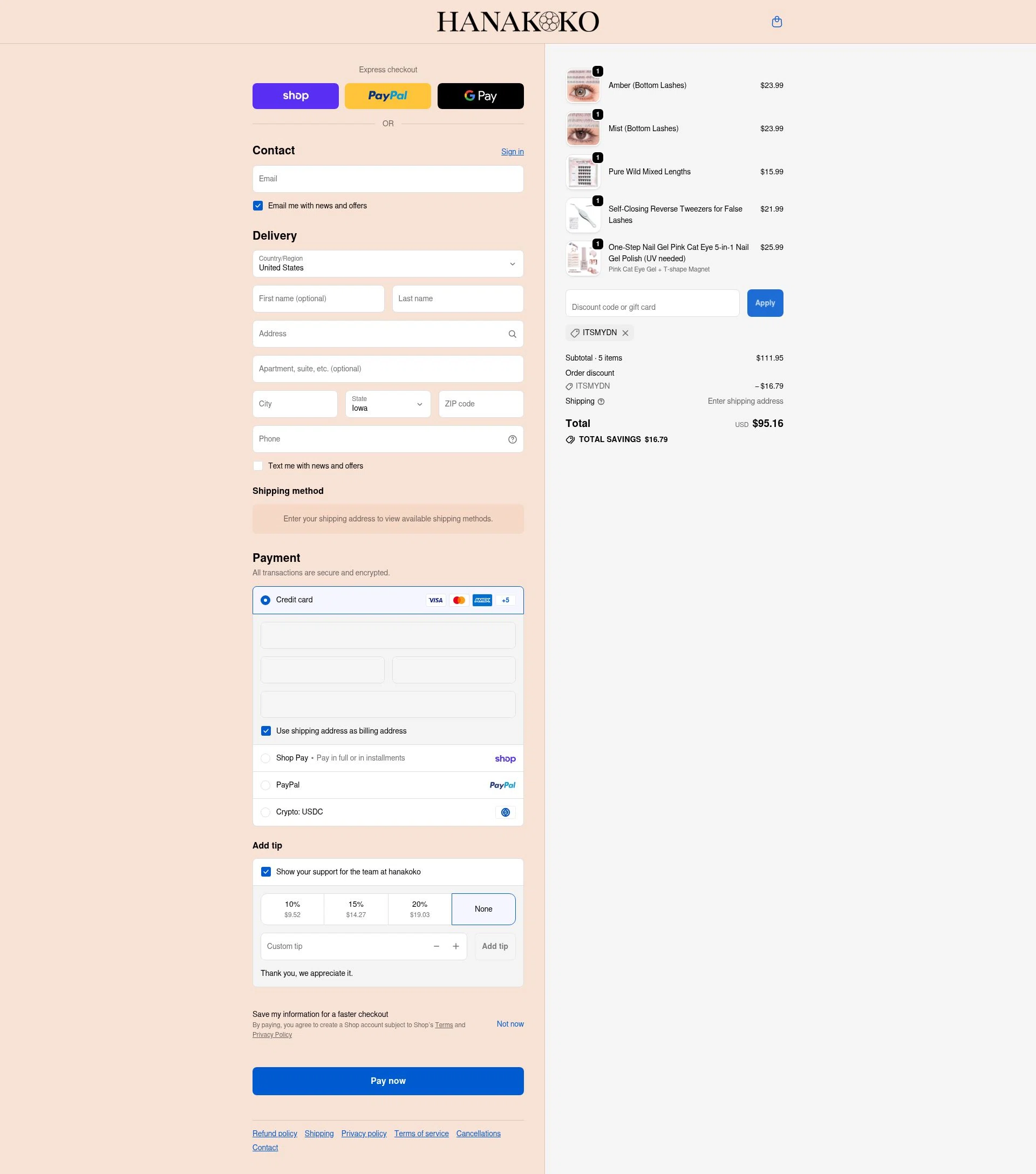 hanakoko checkout page showing hanakoko discount code box | Screenshot taken by SimplyCodes community member on Feb 19, 2026
