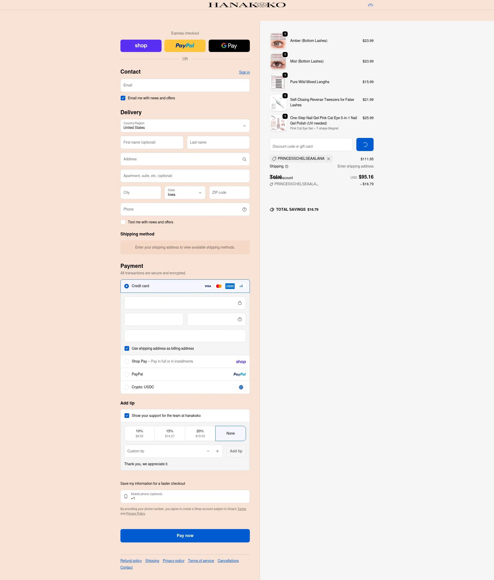 hanakoko checkout page showing hanakoko discount code box | Screenshot taken by SimplyCodes community member on Feb 19, 2026