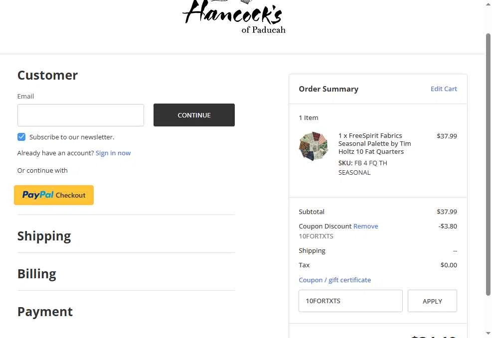 Hancock's of Paducah checkout page showing Hancock's of Paducah coupon code box | Screenshot taken by SimplyCodes community member on Dec 9, 2025
