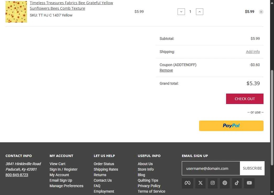 Hancock's of Paducah checkout page showing Hancock's of Paducah coupon code box | Screenshot taken by SimplyCodes community member on Oct 11, 2025