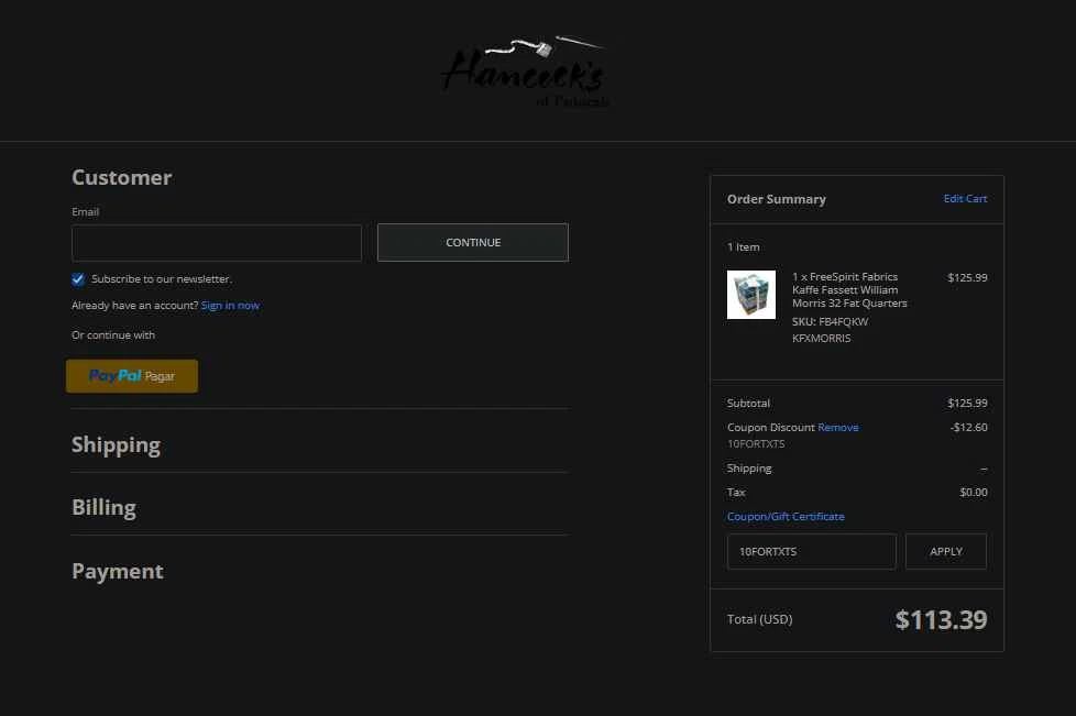 Hancock's of Paducah checkout page showing Hancock's of Paducah coupon code box | Screenshot taken by SimplyCodes community member on Nov 25, 2025