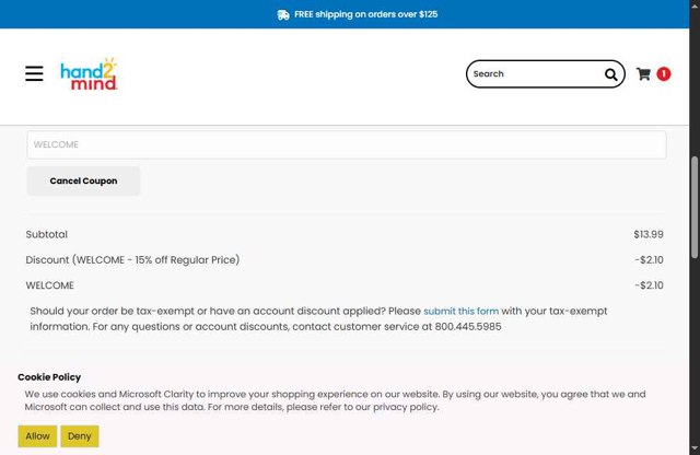 Hand2Mind checkout page showing Hand2Mind promo code box | Screenshot taken by SimplyCodes community member on May 31, 2025