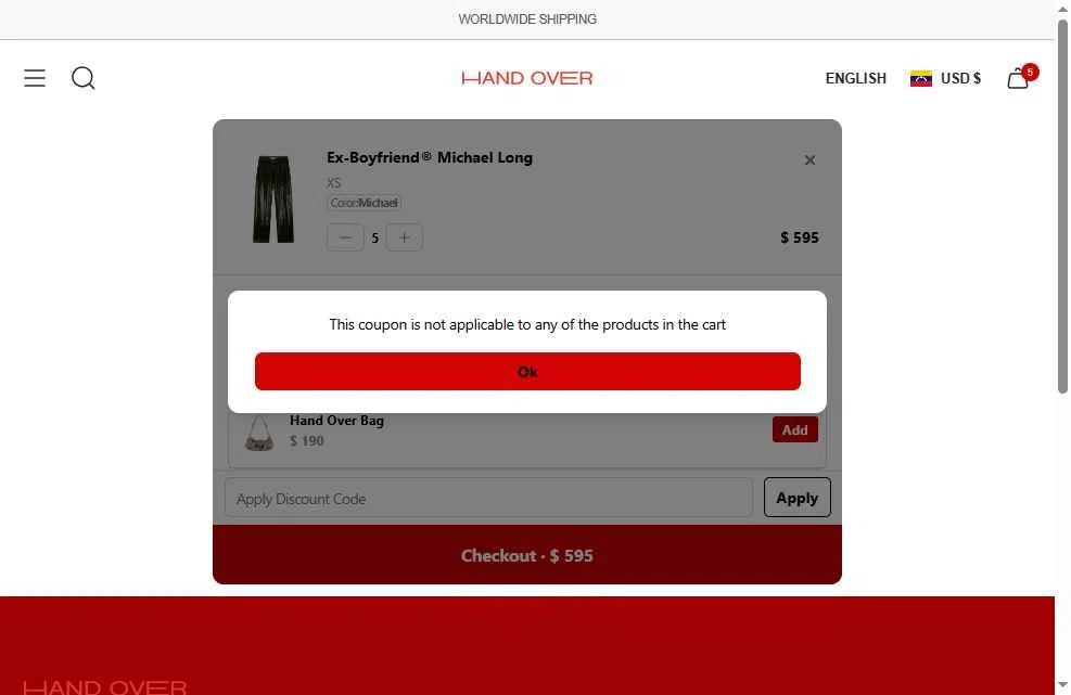 HAND OVER checkout page showing HAND OVER discount code box | Screenshot taken by SimplyCodes community member on Sep 16, 2025