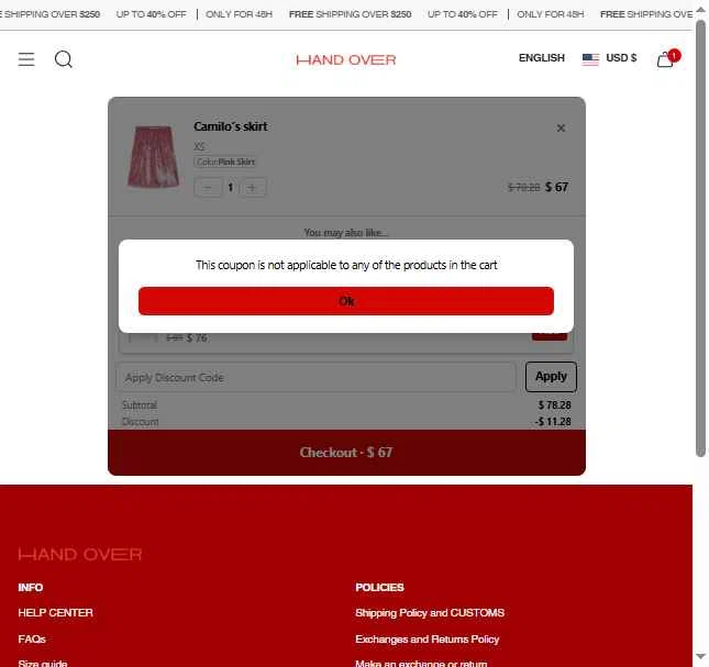 HAND OVER checkout page showing HAND OVER discount code box | Screenshot taken by SimplyCodes community member on Jul 20, 2025