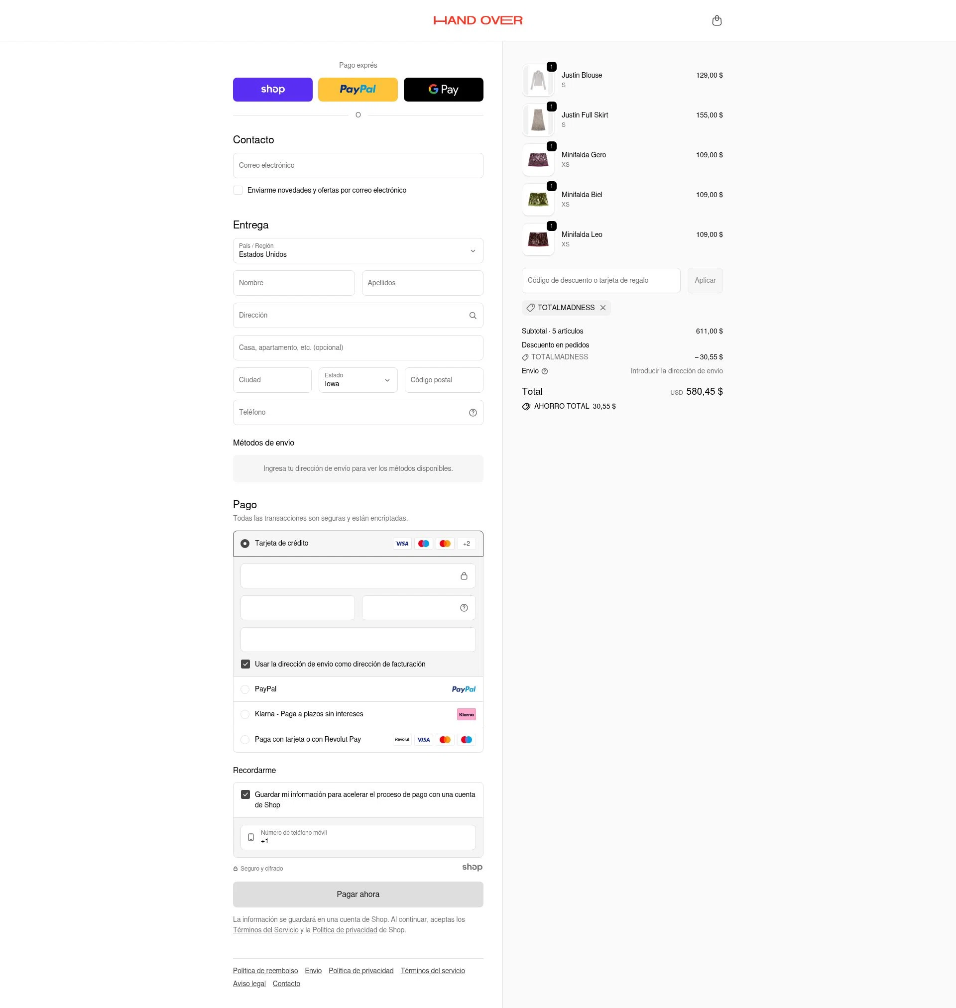HAND OVER checkout page showing HAND OVER discount code box | Screenshot taken by SimplyCodes community member on Nov 30, 2025