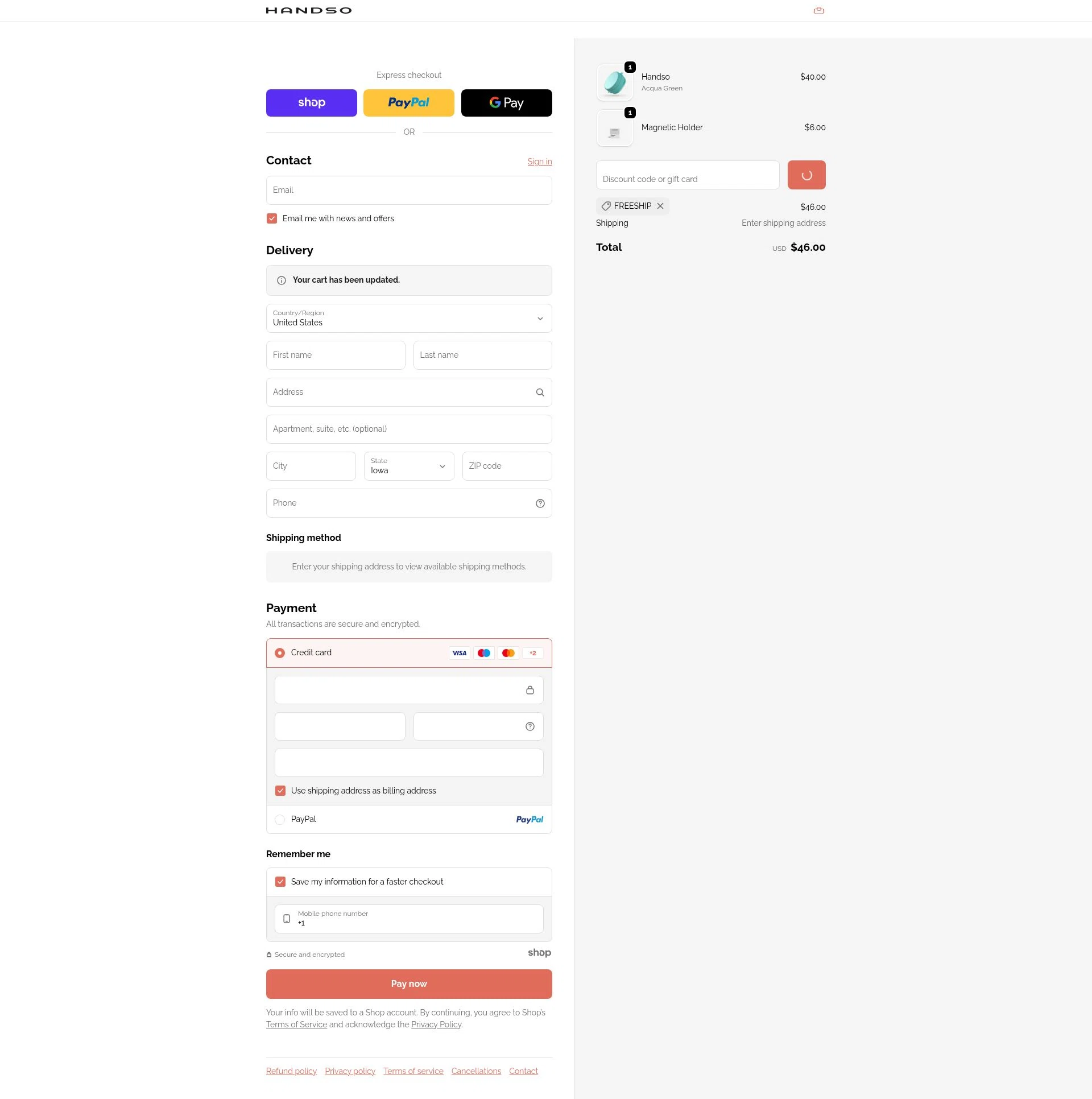 Handso checkout page showing Handso promo code box | Screenshot taken by SimplyCodes community member on Dec 31, 2025