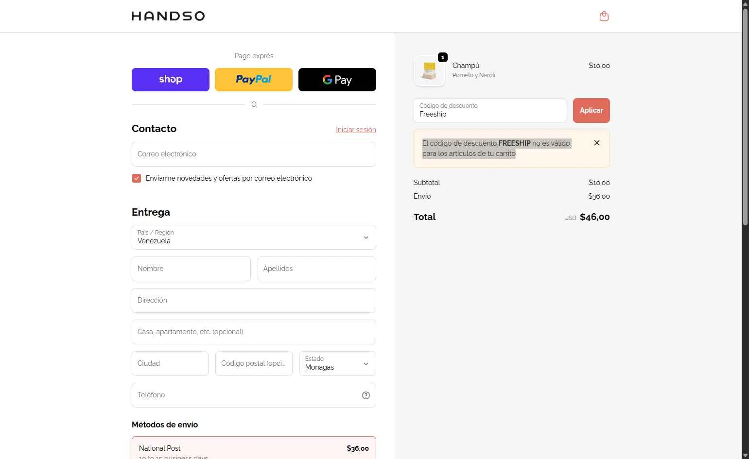 Handso checkout page showing Handso promo code box | Screenshot taken by SimplyCodes community member on Nov 24, 2025