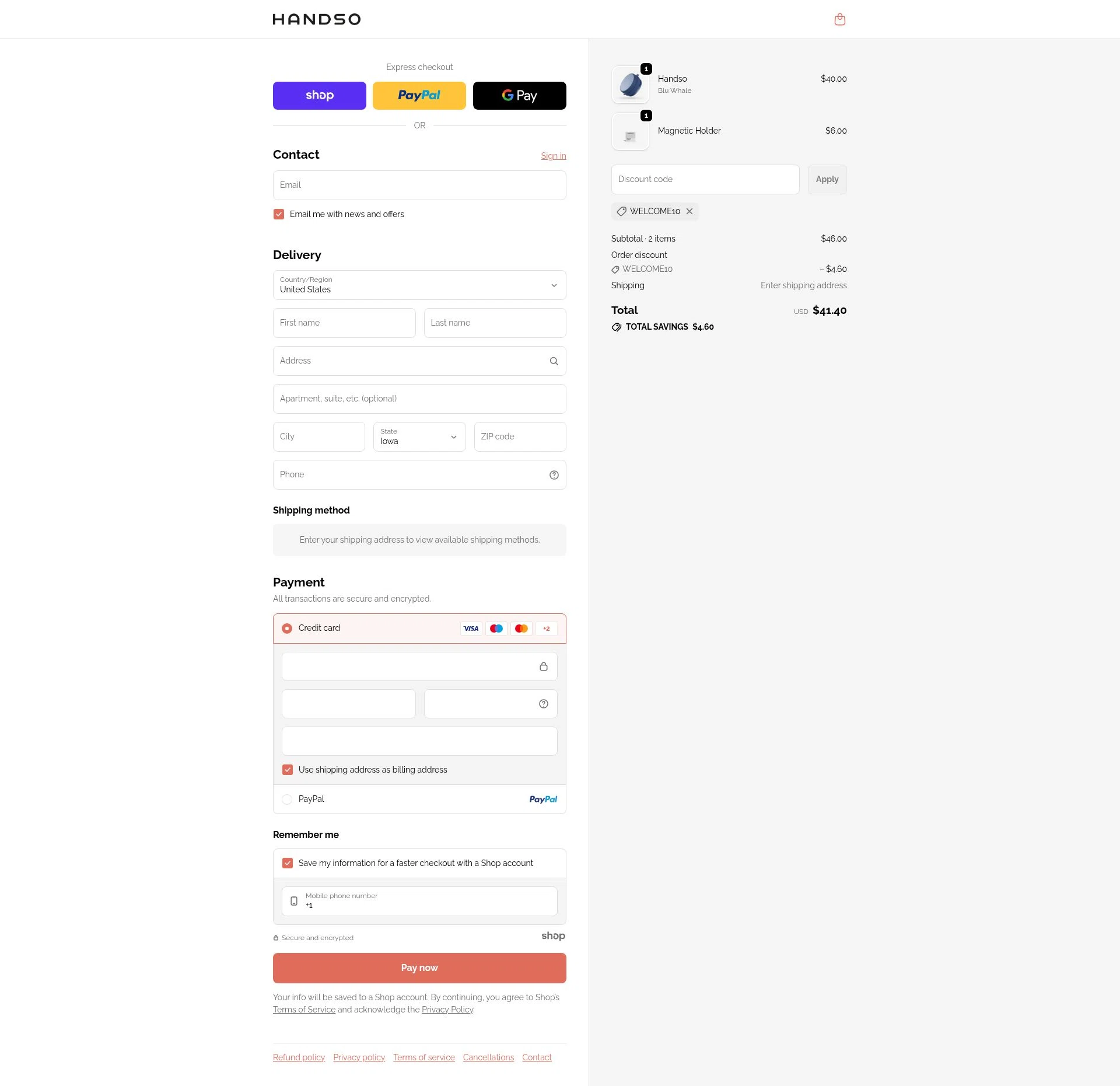 Handso checkout page showing Handso promo code box | Screenshot taken by SimplyCodes community member on Nov 28, 2025