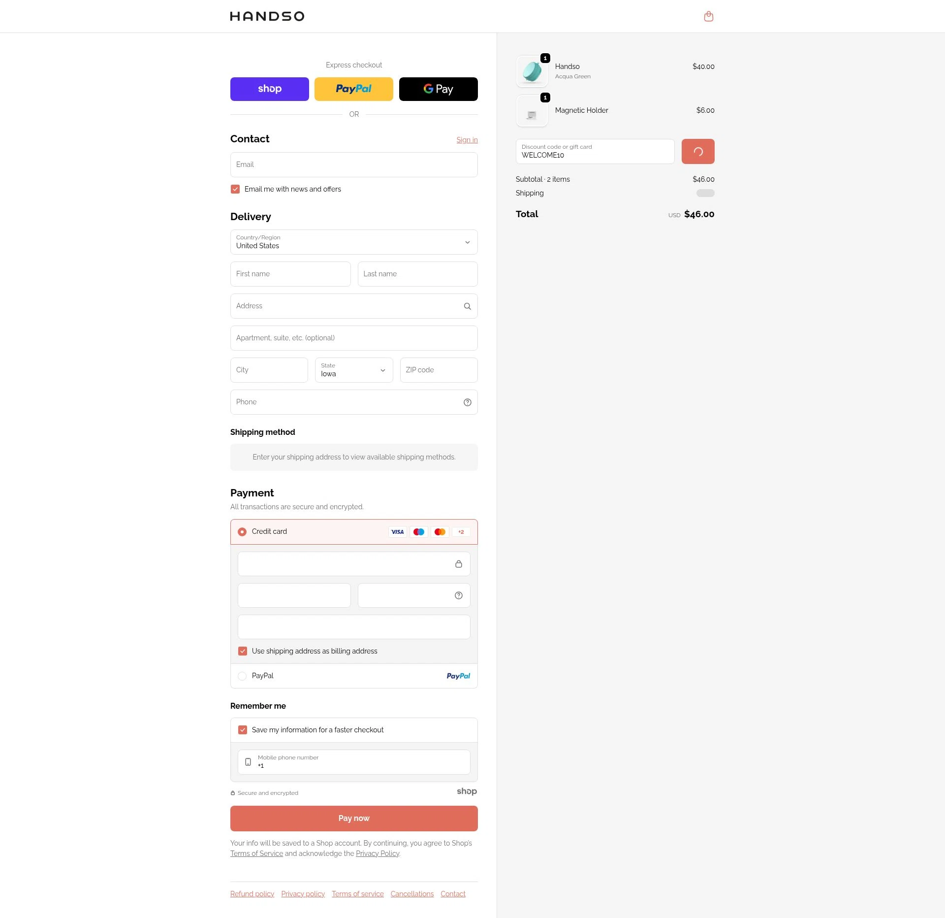 Handso checkout page showing Handso promo code box | Screenshot taken by SimplyCodes community member on Dec 31, 2025