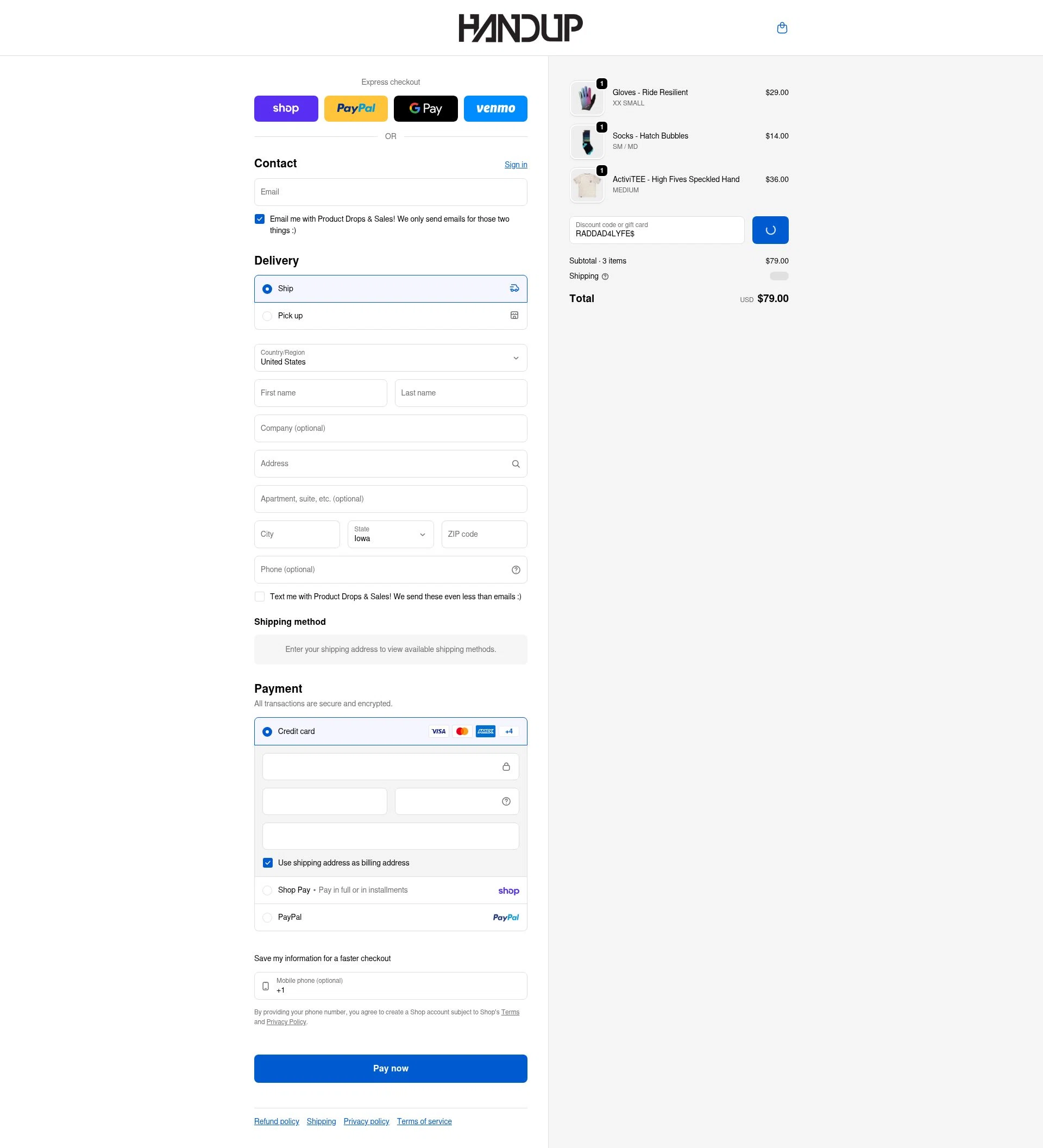 Handup Gloves checkout page showing Handup Gloves promo code box | Screenshot taken by SimplyCodes community member on Feb 18, 2026