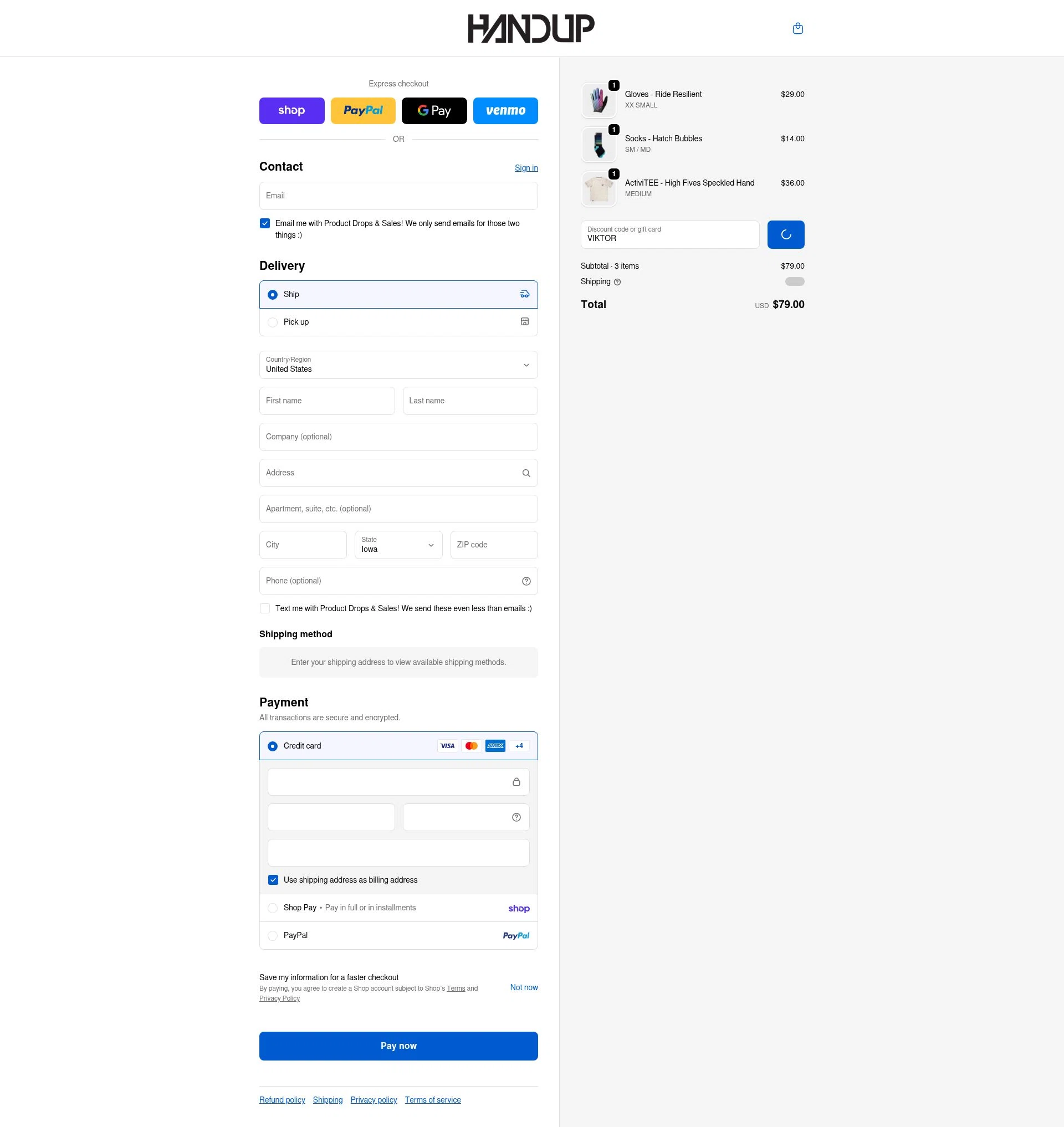 Handup Gloves checkout page showing Handup Gloves promo code box | Screenshot taken by SimplyCodes community member on Feb 18, 2026