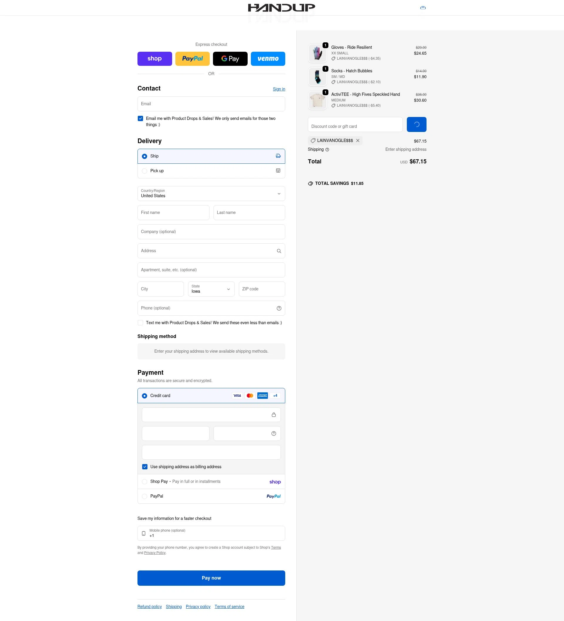 Handup Gloves checkout page showing Handup Gloves promo code box | Screenshot taken by SimplyCodes community member on Feb 18, 2026
