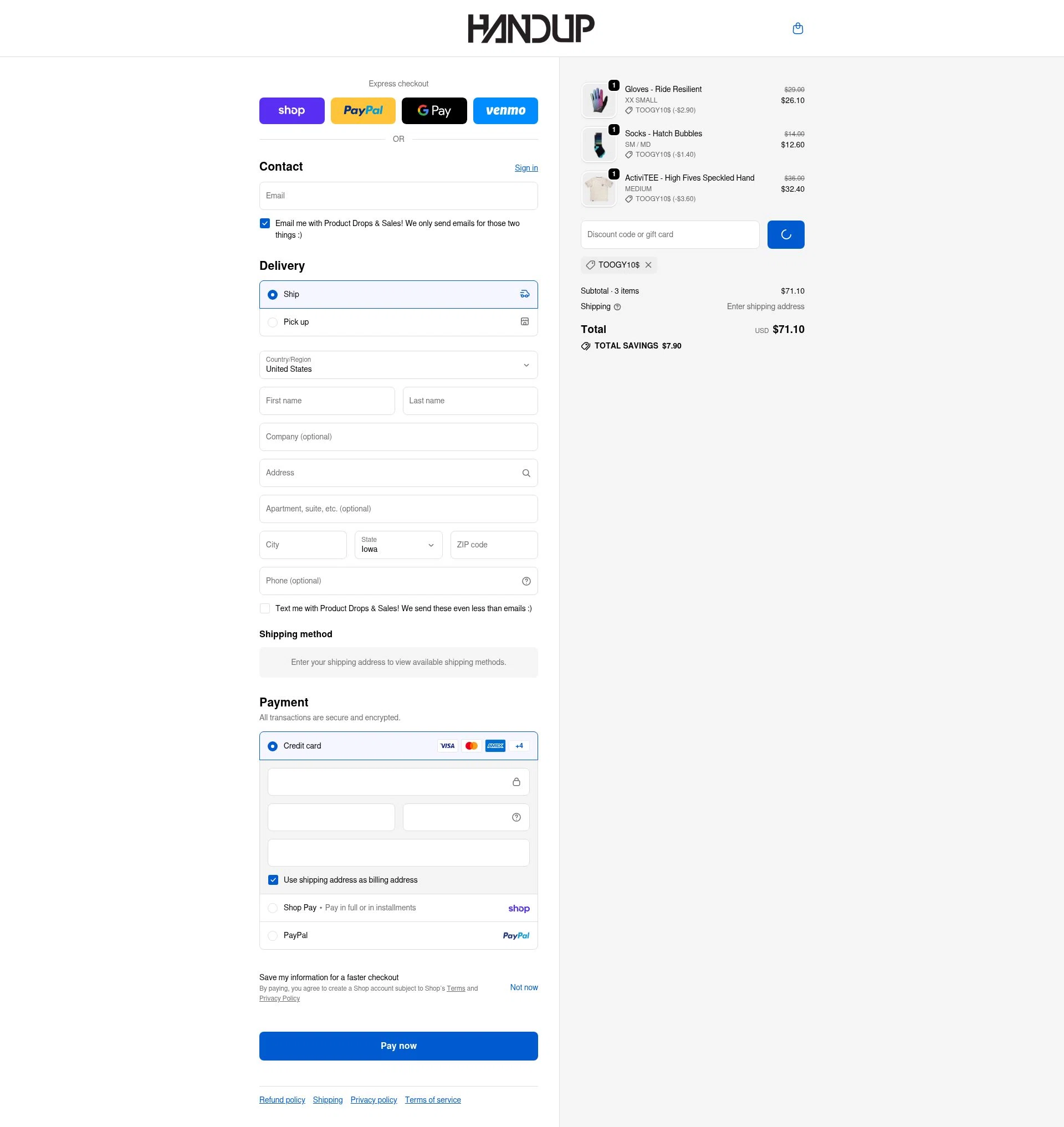Handup Gloves checkout page showing Handup Gloves promo code box | Screenshot taken by SimplyCodes community member on Feb 18, 2026