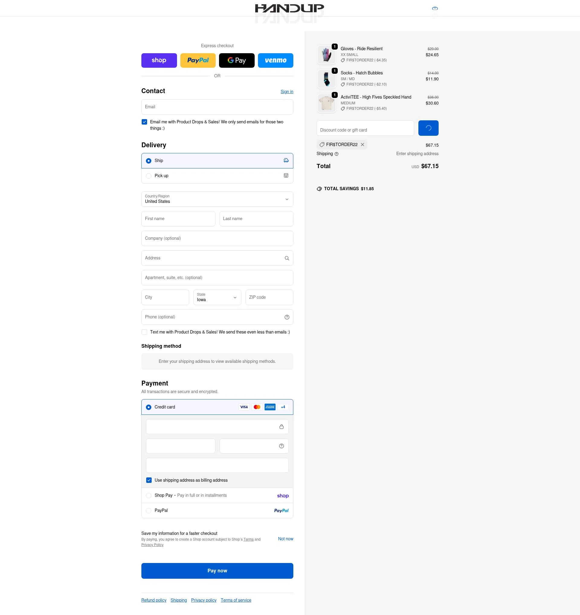 Handup Gloves checkout page showing Handup Gloves promo code box | Screenshot taken by SimplyCodes community member on Feb 18, 2026