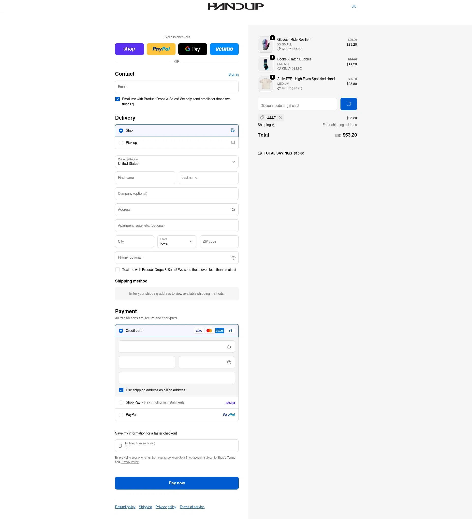 Handup Gloves checkout page showing Handup Gloves promo code box | Screenshot taken by SimplyCodes community member on Feb 18, 2026