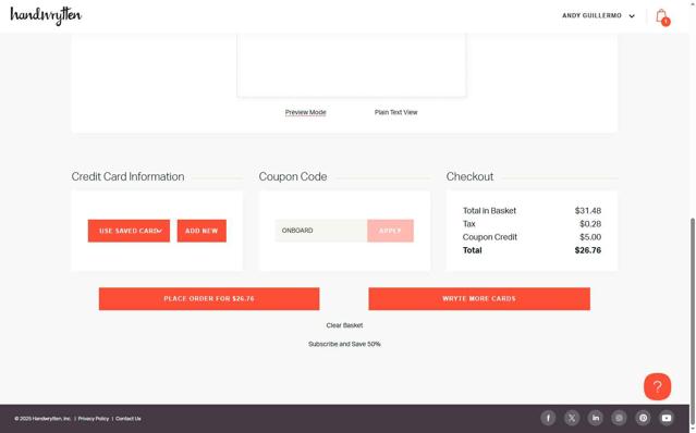 Handwrytten checkout page showing Handwrytten coupon code box | Screenshot taken by SimplyCodes community member on Aug 20, 2025