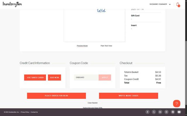 Handwrytten checkout page showing Handwrytten coupon code box | Screenshot taken by SimplyCodes community member on Jul 10, 2025