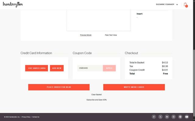 Handwrytten checkout page showing Handwrytten coupon code box | Screenshot taken by SimplyCodes community member on Aug 8, 2025