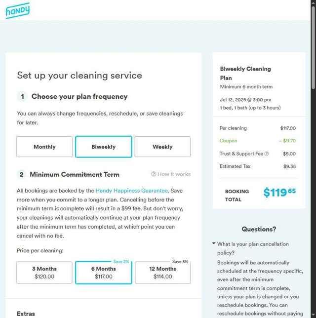 Handy checkout page showing Handy promo code box | Screenshot taken by SimplyCodes community member on Jul 10, 2025