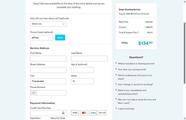 Handy checkout page showing Handy promo code box | Screenshot taken by SimplyCodes community member on Aug 14, 2025