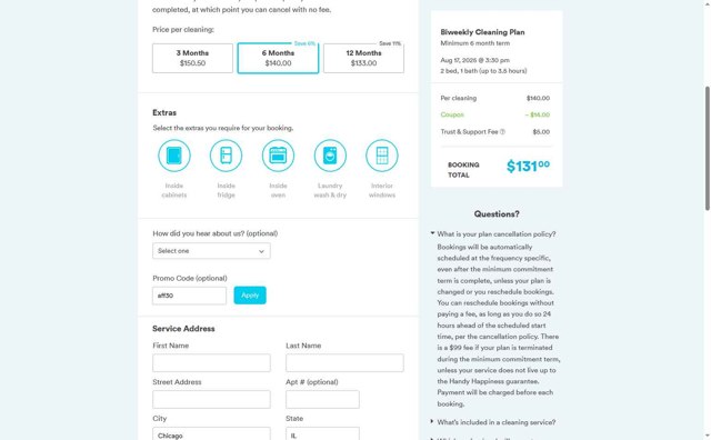 Handy checkout page showing Handy promo code box | Screenshot taken by SimplyCodes community member on Aug 4, 2025