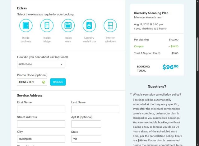 Handy checkout page showing Handy promo code box | Screenshot taken by SimplyCodes community member on Aug 10, 2025