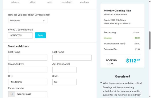 Handy checkout page showing Handy promo code box | Screenshot taken by SimplyCodes community member on Sep 1, 2025