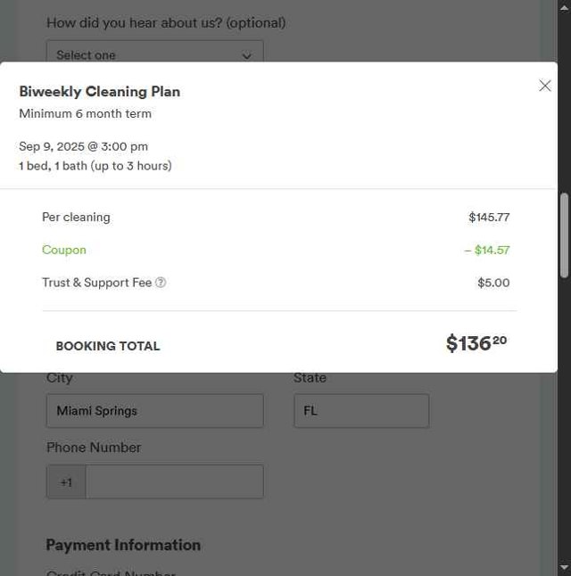 Handy checkout page showing Handy promo code box | Screenshot taken by SimplyCodes community member on Sep 6, 2025