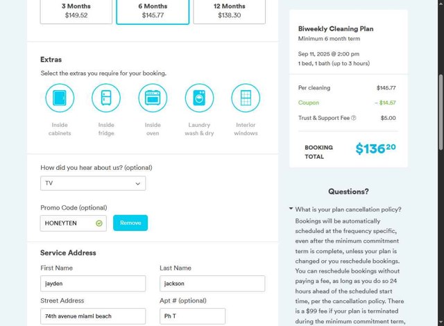 Handy checkout page showing Handy promo code box | Screenshot taken by SimplyCodes community member on Aug 21, 2025