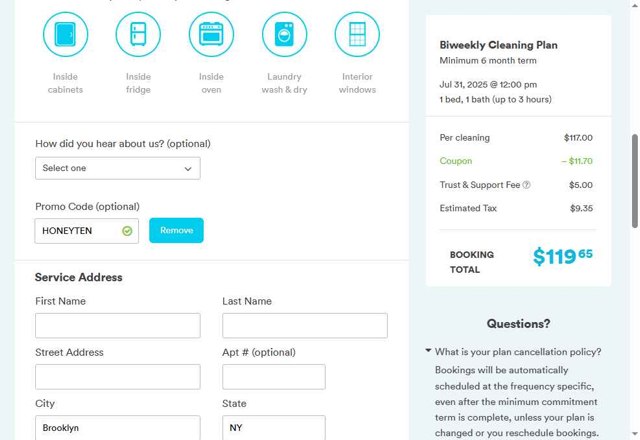 Handy checkout page showing Handy promo code box | Screenshot taken by SimplyCodes community member on Jul 30, 2025