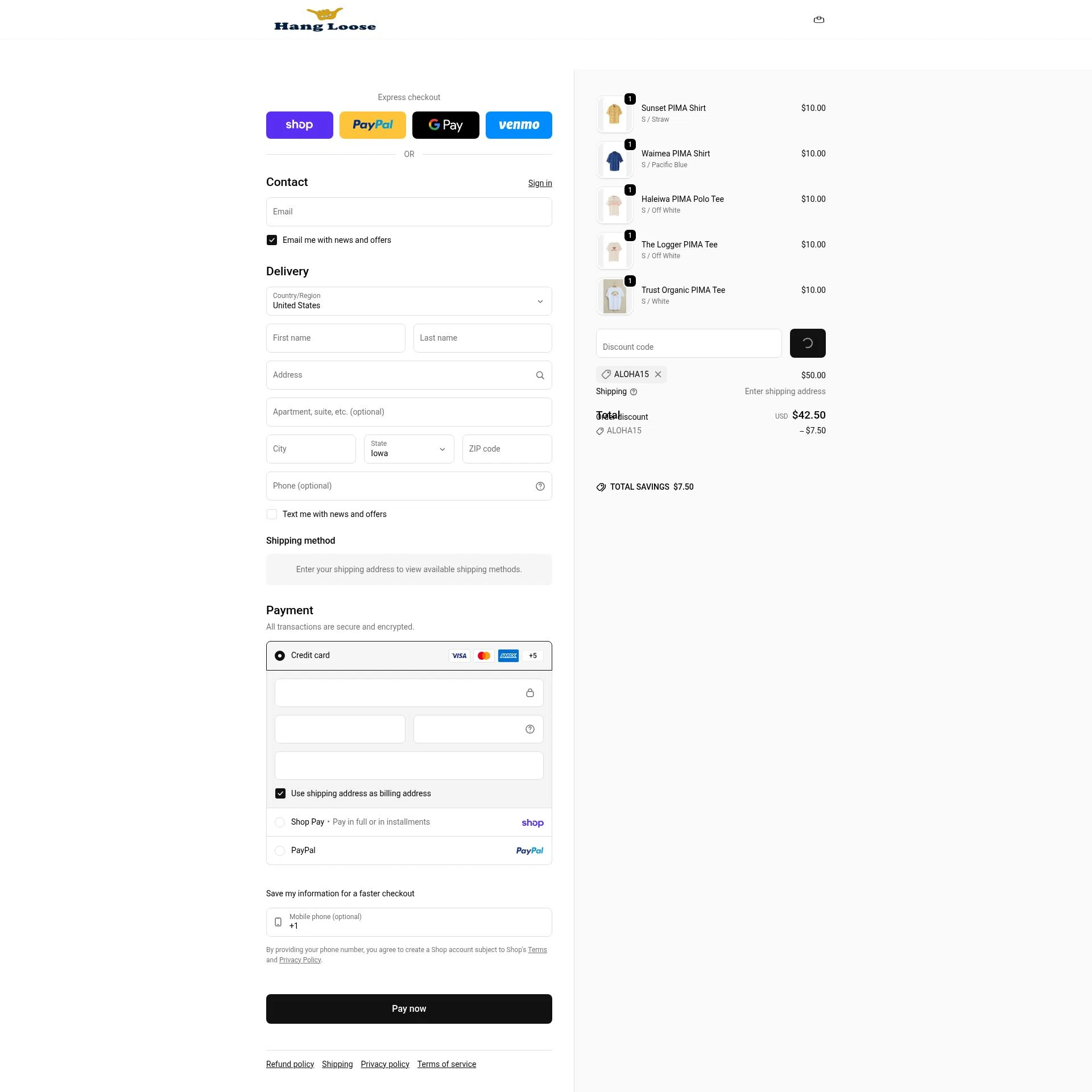 Hang Loose checkout page showing Hang Loose promo code box | Screenshot taken by SimplyCodes community member on Feb 6, 2026