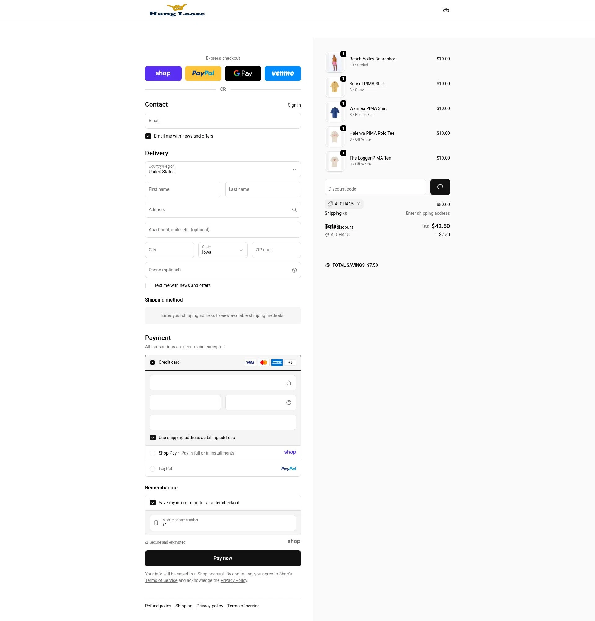 Hang Loose checkout page showing Hang Loose promo code box | Screenshot taken by SimplyCodes community member on Jan 14, 2026