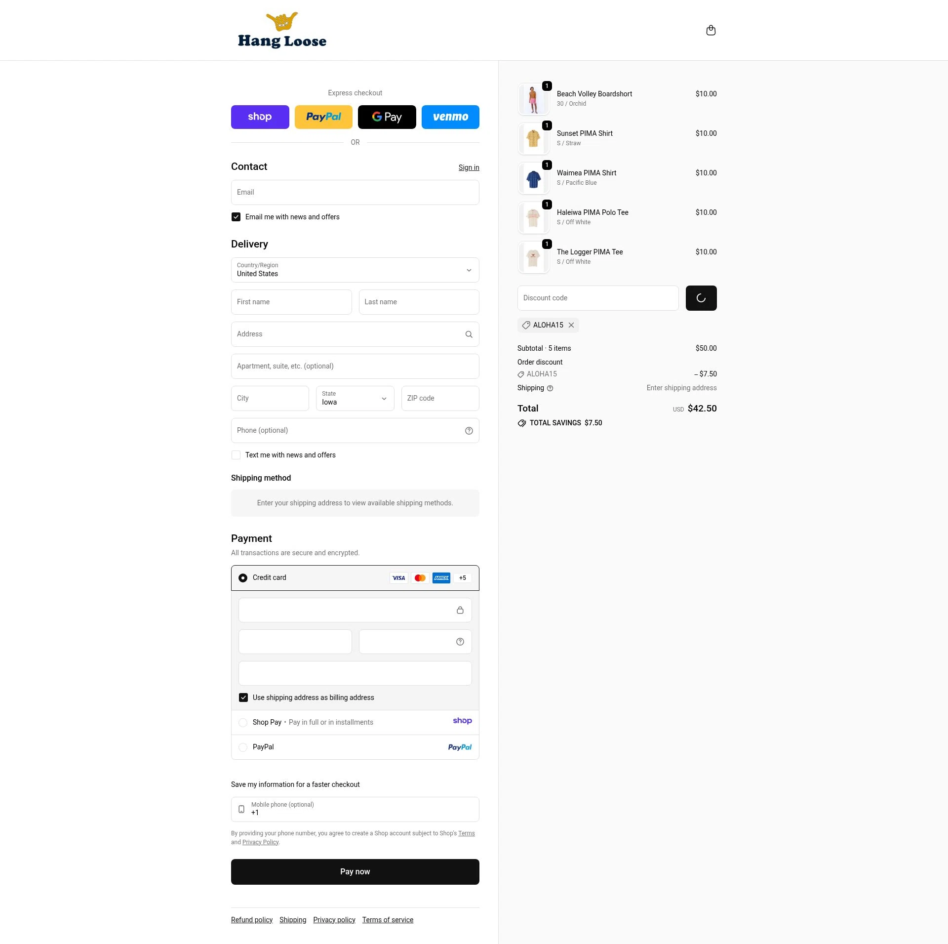 Hang Loose checkout page showing Hang Loose promo code box | Screenshot taken by SimplyCodes community member on Jan 19, 2026