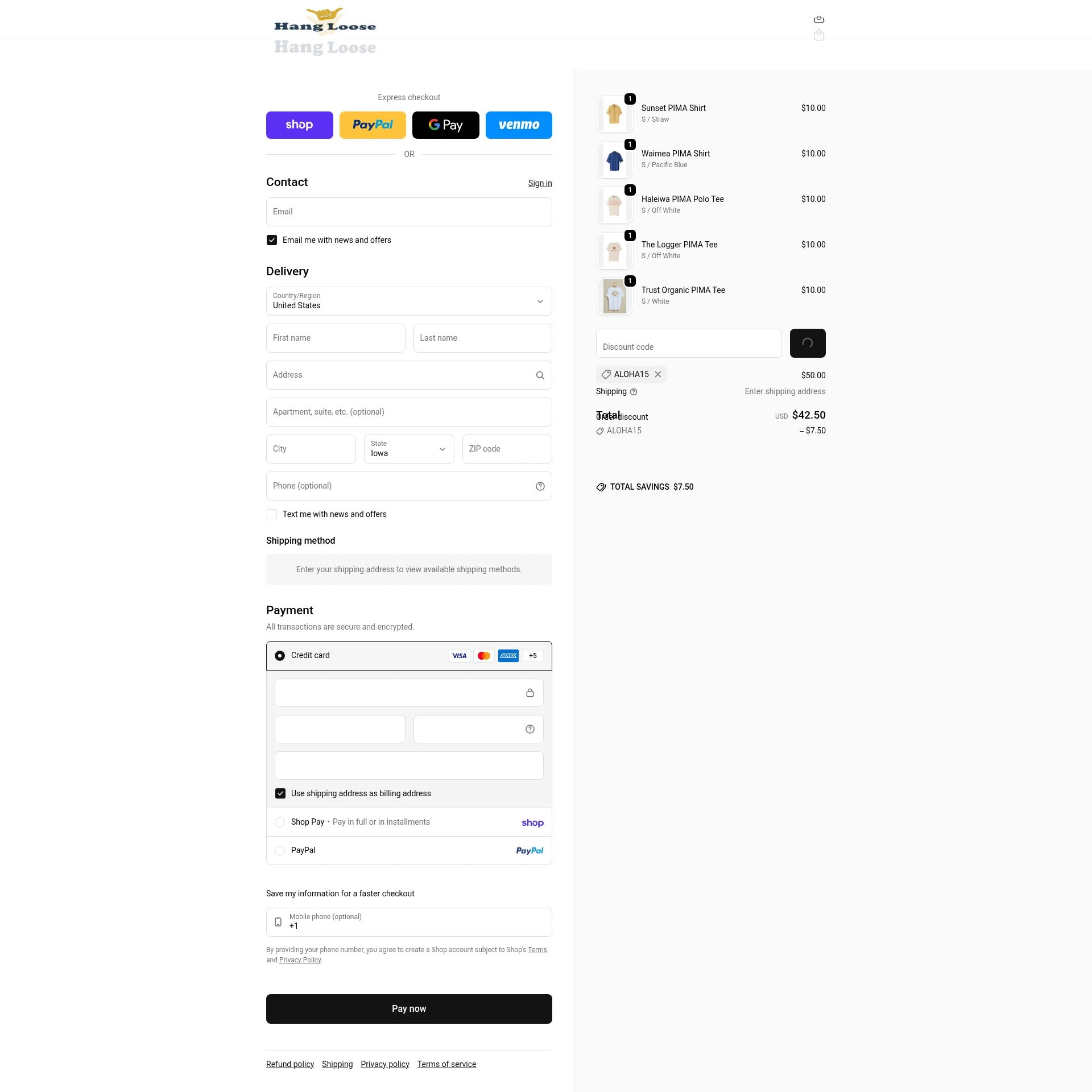 Hang Loose checkout page showing Hang Loose promo code box | Screenshot taken by SimplyCodes community member on Feb 11, 2026