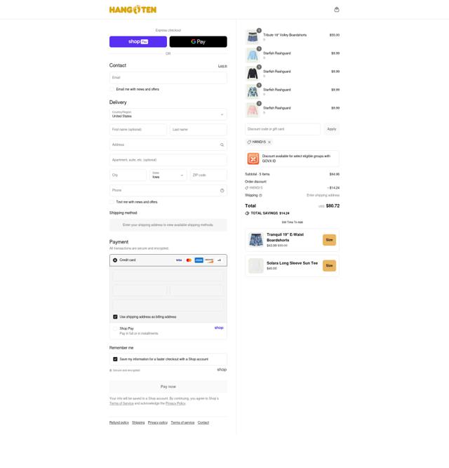 Hang Ten checkout page showing Hang Ten promo code box | Screenshot taken by SimplyCodes community member on Aug 18, 2025